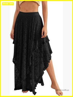 Lace Maxi Skirt Elastic Asymmetrical Hem See-Through Flowy Beach Skirt